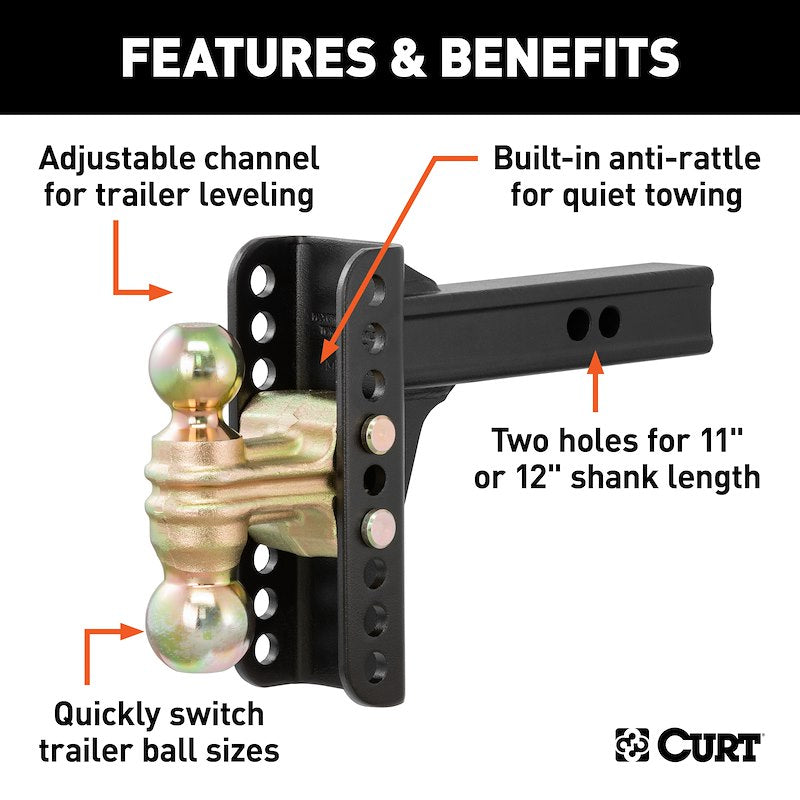 CURT Adjustable Channel-Style Ball Mount – Dual Ball – 2″ Receiver – 14K 45900