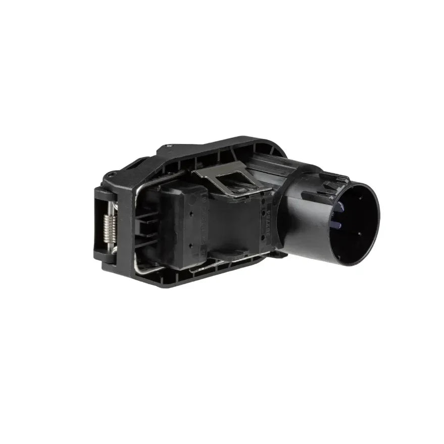 Black automotive mass airflow sensor on white background, car engine MAF sensor part