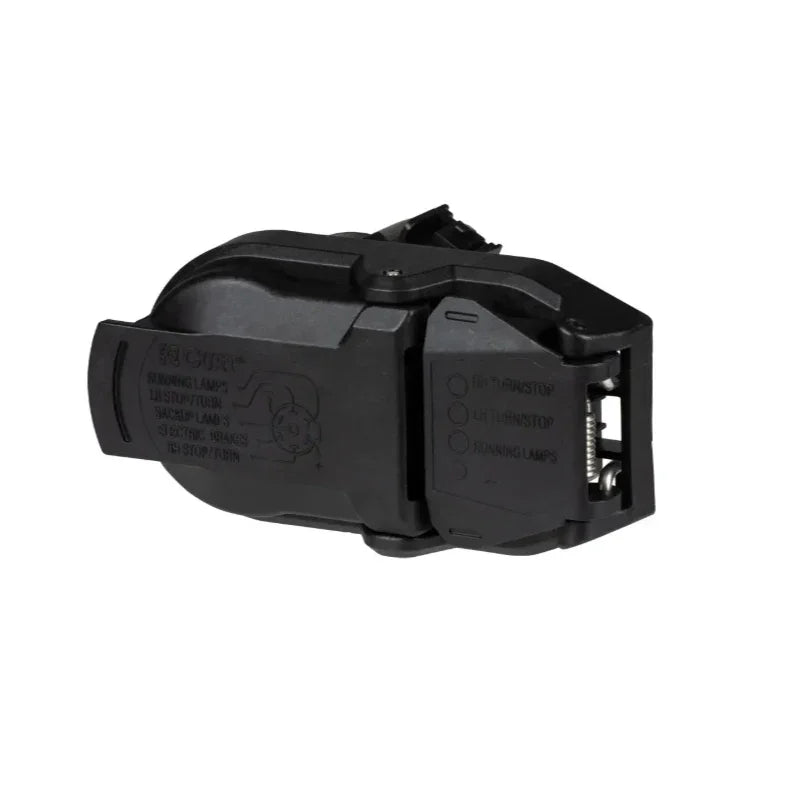 Black trailer wiring harness connector with labeled ports on a white background