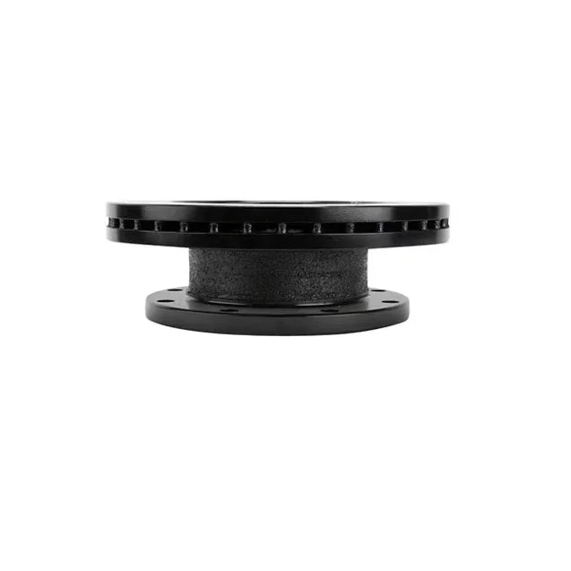 Black metal industrial pipe flange fitting, isolated on white background