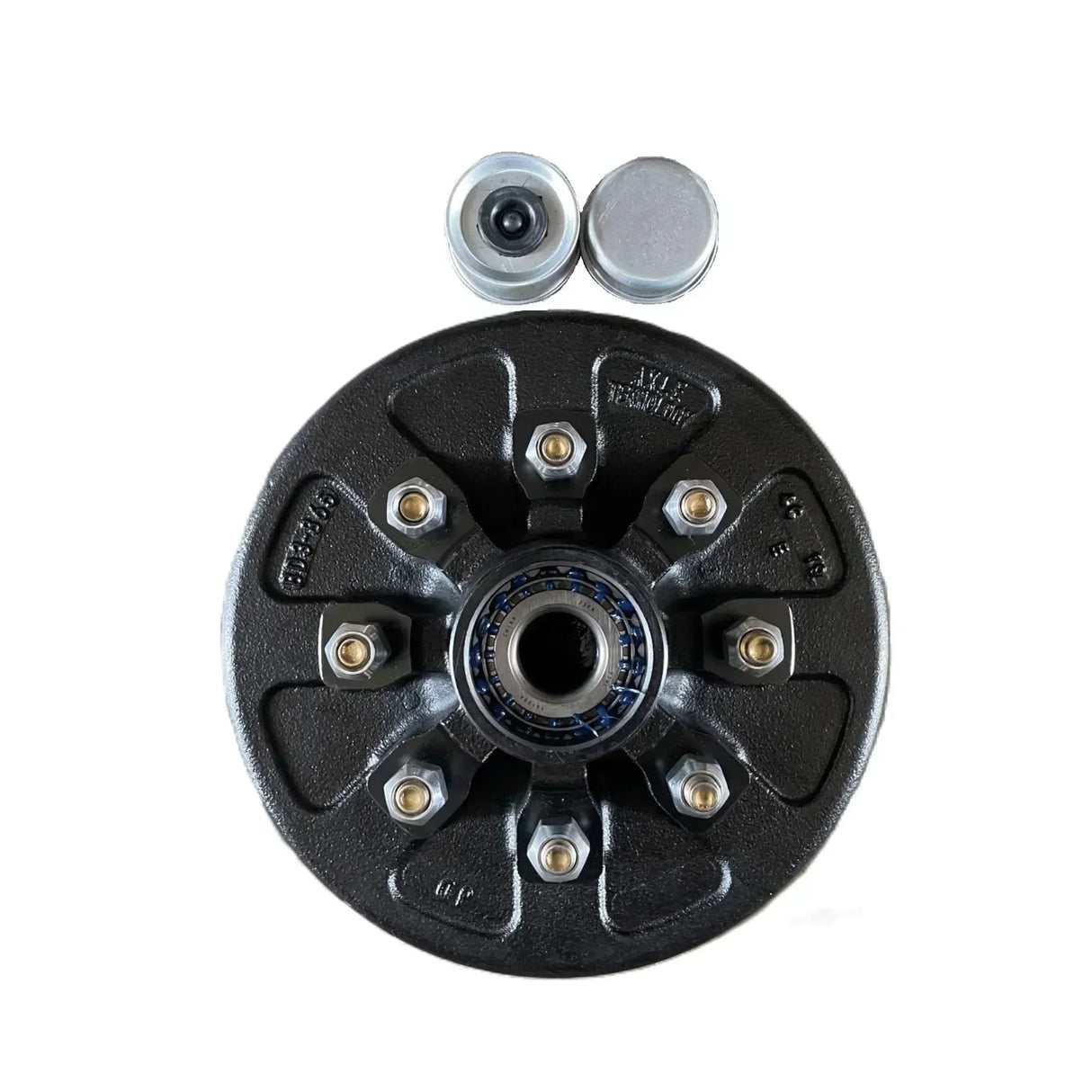 Trailer hub kit with black metal hub, six studs, bearing, and two dust caps on white background