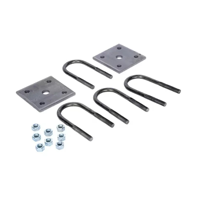 Steel U-bolt kit with four U-bolts, two plates, and eight nuts for trailer suspension