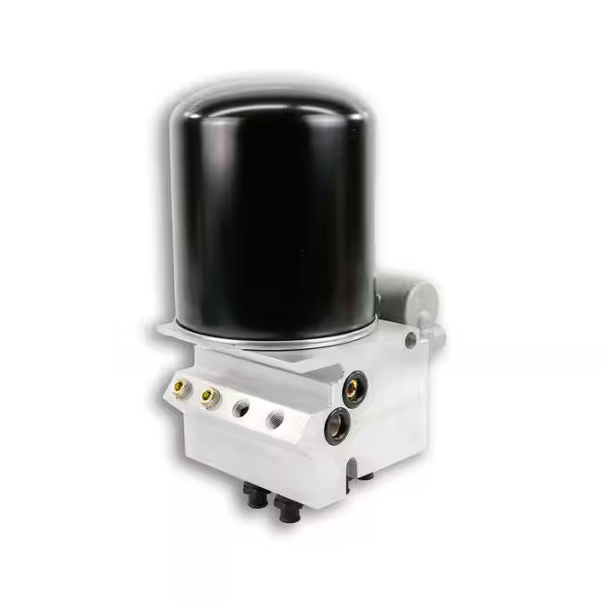 Hydraulic power unit with black cylindrical reservoir and metal base, isolated on white