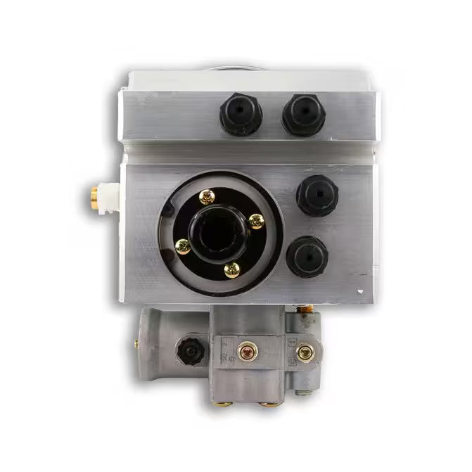 Industrial metal hydraulic valve block with multiple ports, bolts, and connectors