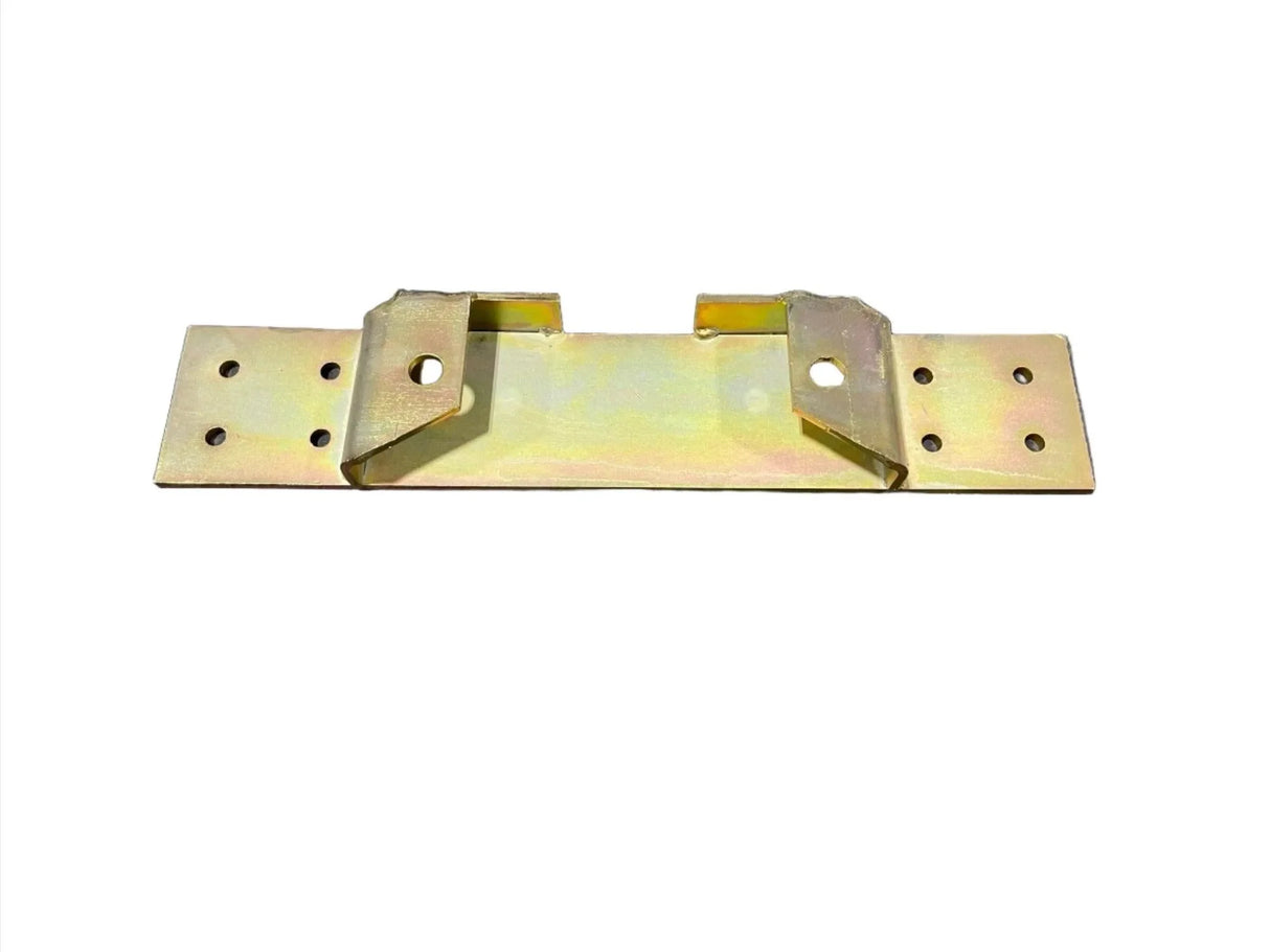 Steel mounting bracket with multiple holes on white background, hardware component