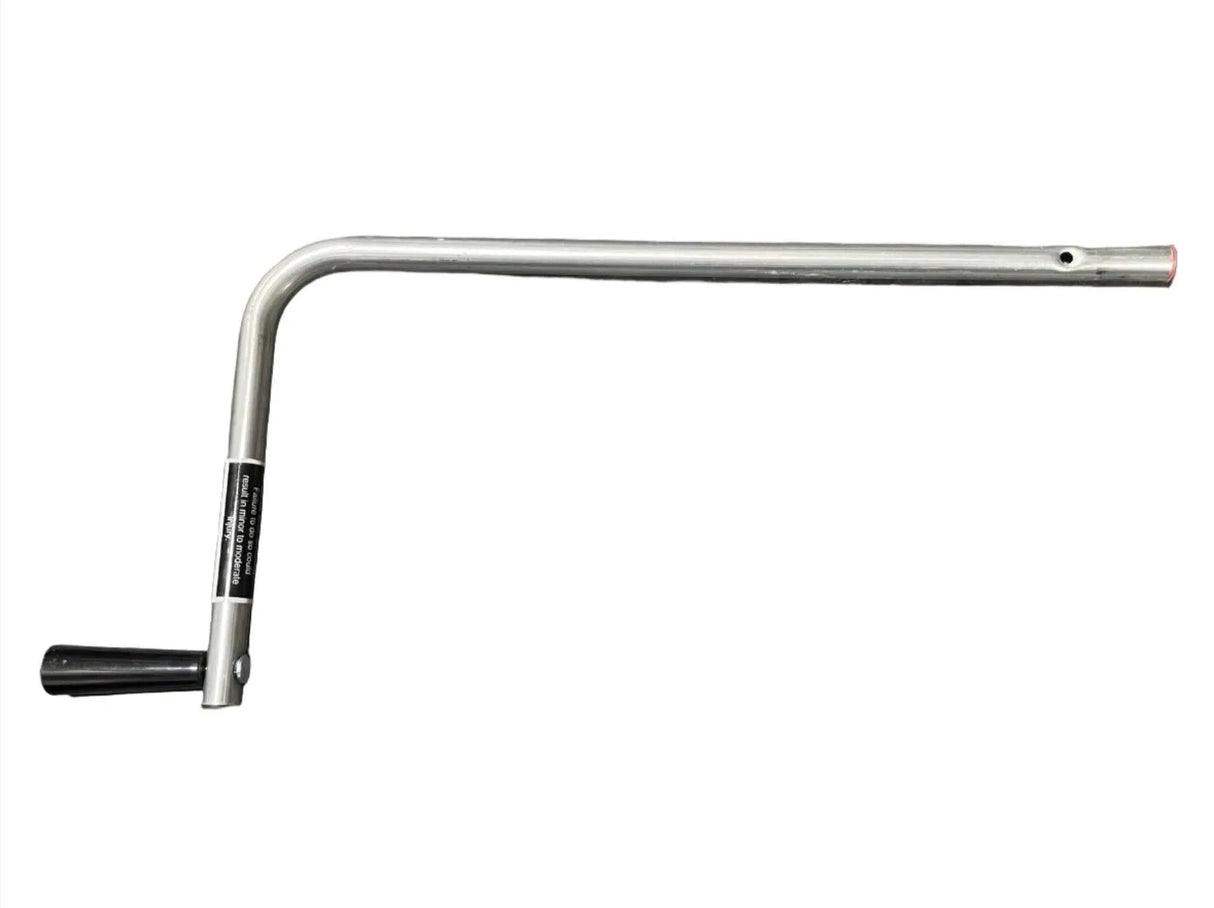 Metal L-shaped trailer jack handle with black grip against white background