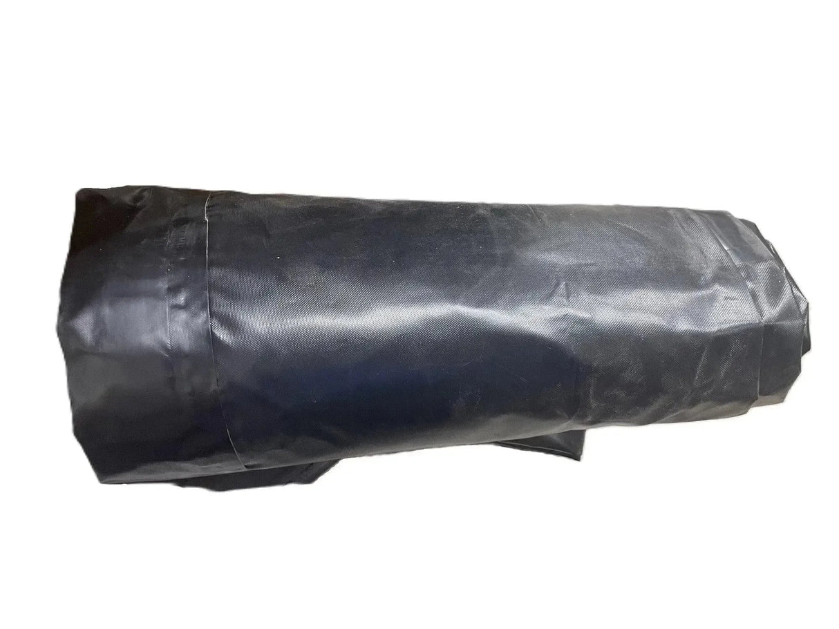 Black roll of heavy-duty plastic sheeting on white background