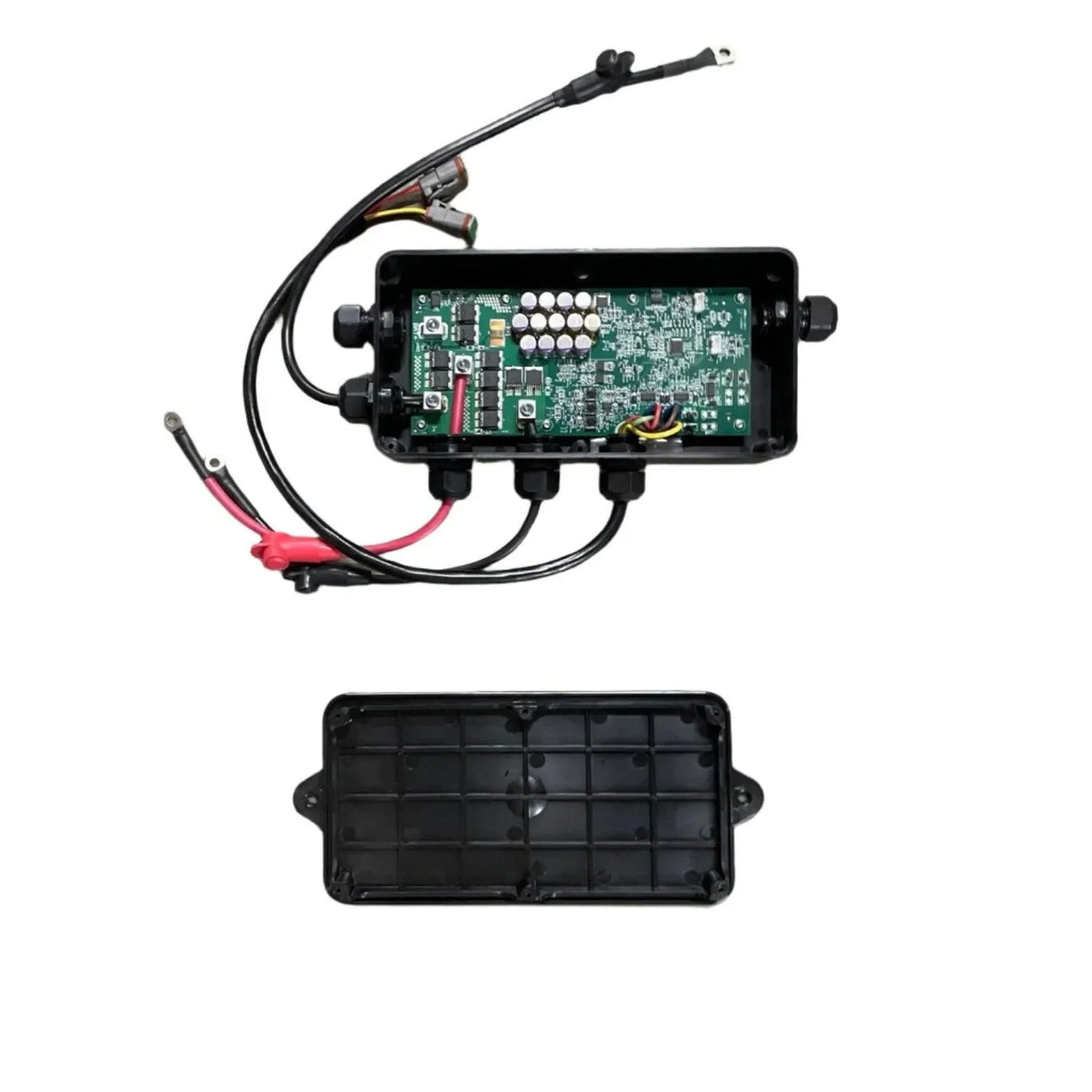 Open battery management system BMS circuit board with wires and black plastic case