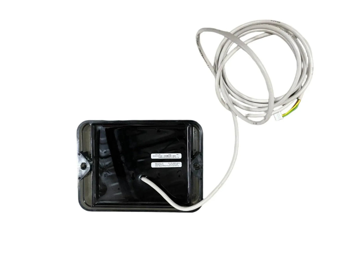 Black electrical junction box with attached white cable on a white background