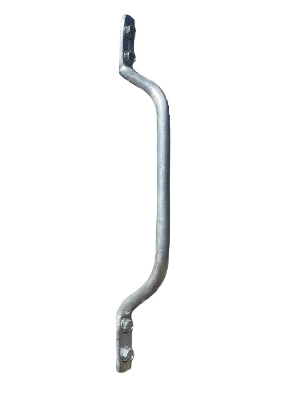 Galvanized steel gate handle with mounting bolts on white background