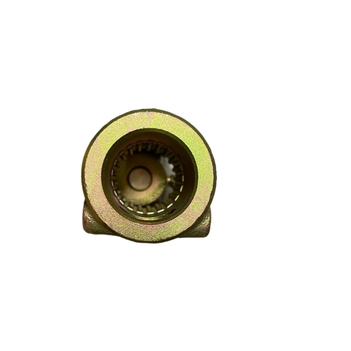 Close-up of metal cylindrical mechanical part with gear teeth, isolated on white background