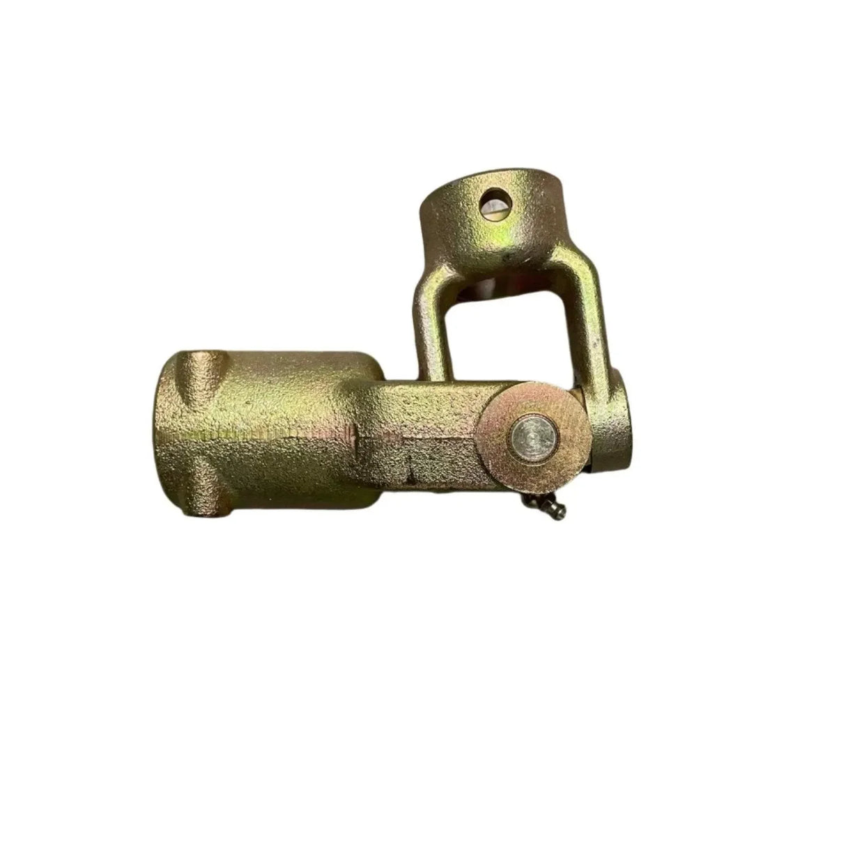 Metal universal joint yoke part for machinery on white background