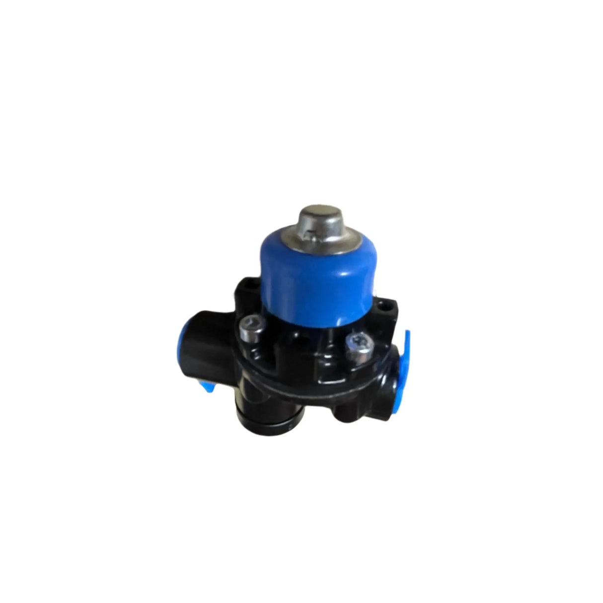 Black and blue plastic water pump valve with metal cap on white background