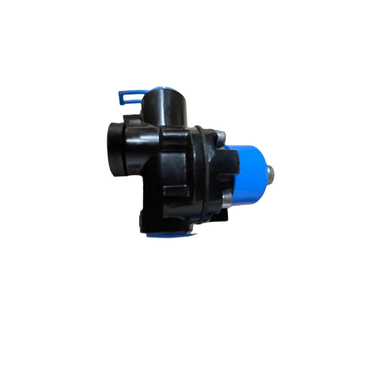 Black and blue plastic pump valve on white background