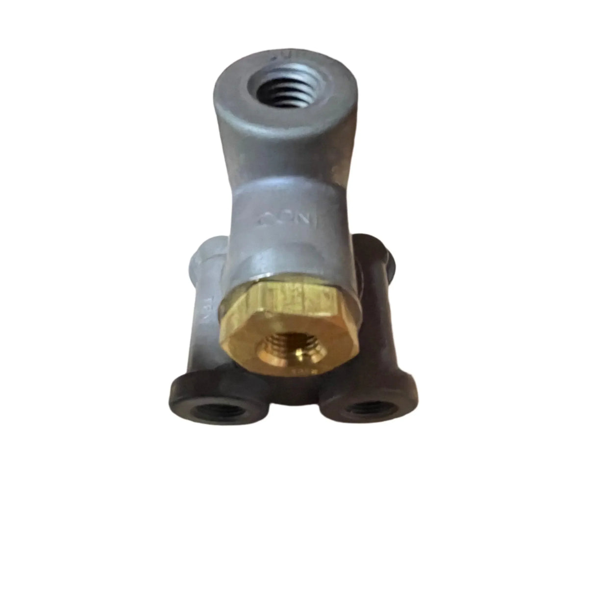 Metal and brass industrial valve connector on white background