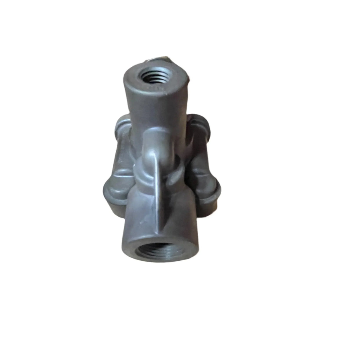metal valve fitting with threaded pipe openings on white background