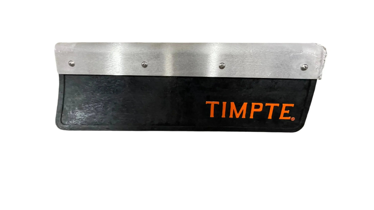 TIMPTE black rubber mud flap with metal top and orange logo, isolated on white background.