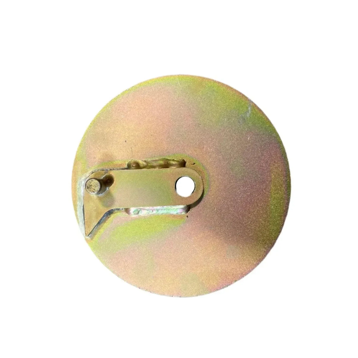 Round metal cam plate with welded bracket and hole, isolated on white background