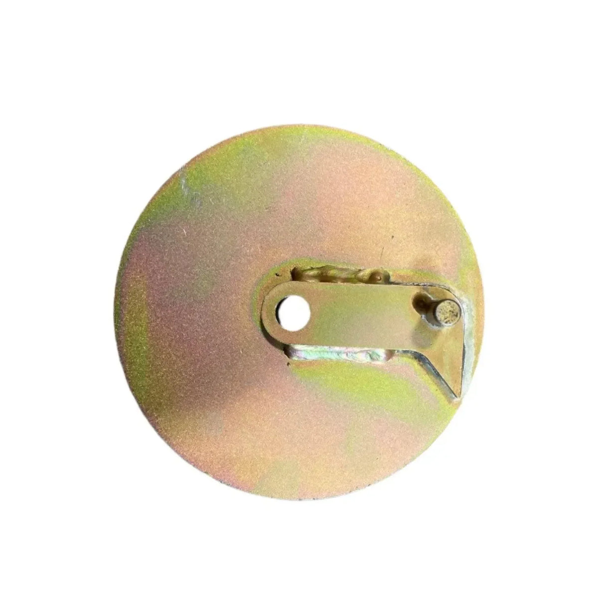 Round metal disc with welded bracket and hole, metallic hardware component on white background