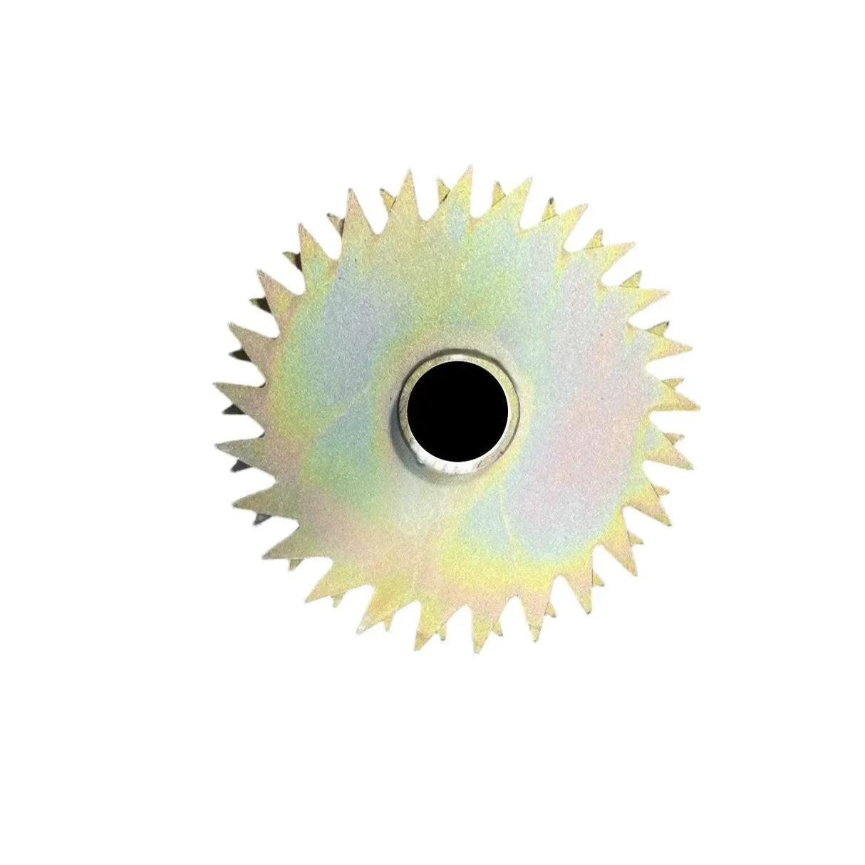 Circular metal sprocket gear with sharp teeth on white background
