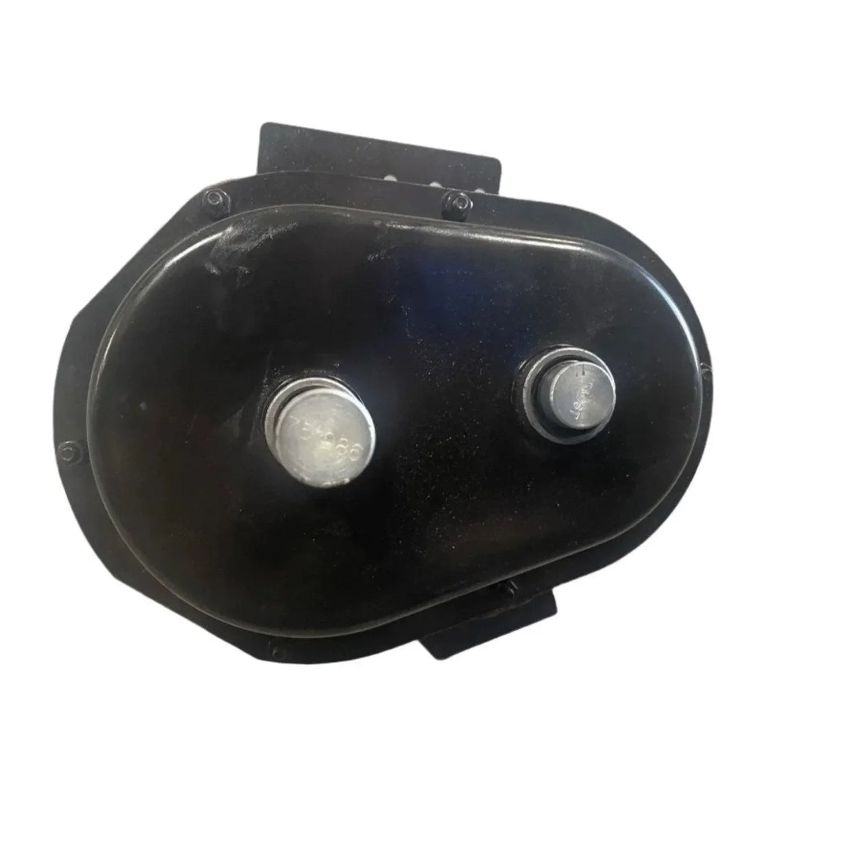 Black electric bike motor gearbox with two silver bolts on a white background