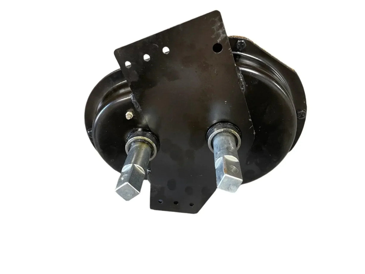 Black steel go kart live axle differential with mounting plate on white background