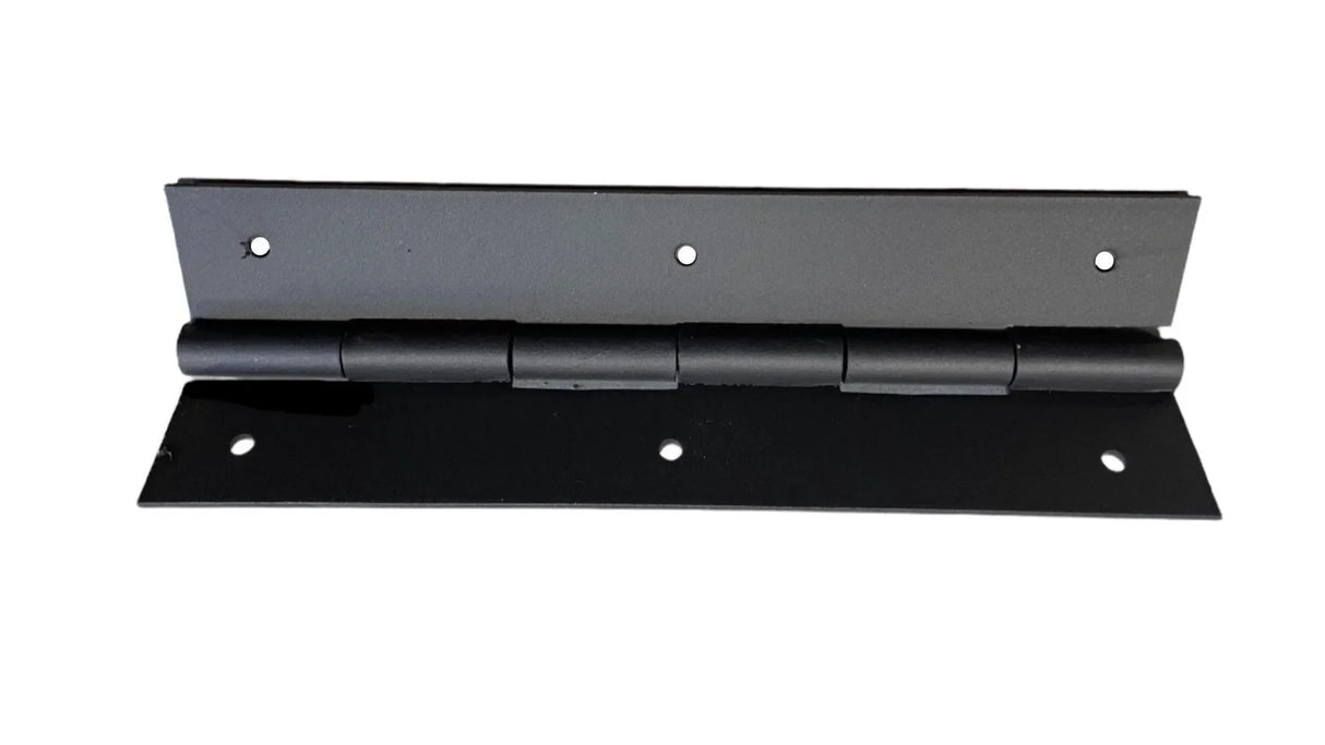 Black metal piano hinge with mounting holes on a white background