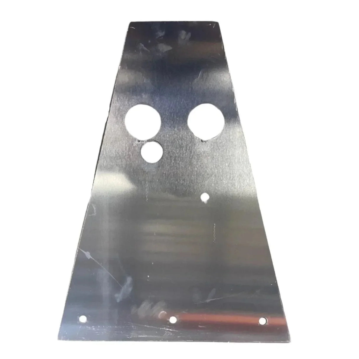 Metal bracket panel with circular holes, reflective finish, isolated on white background