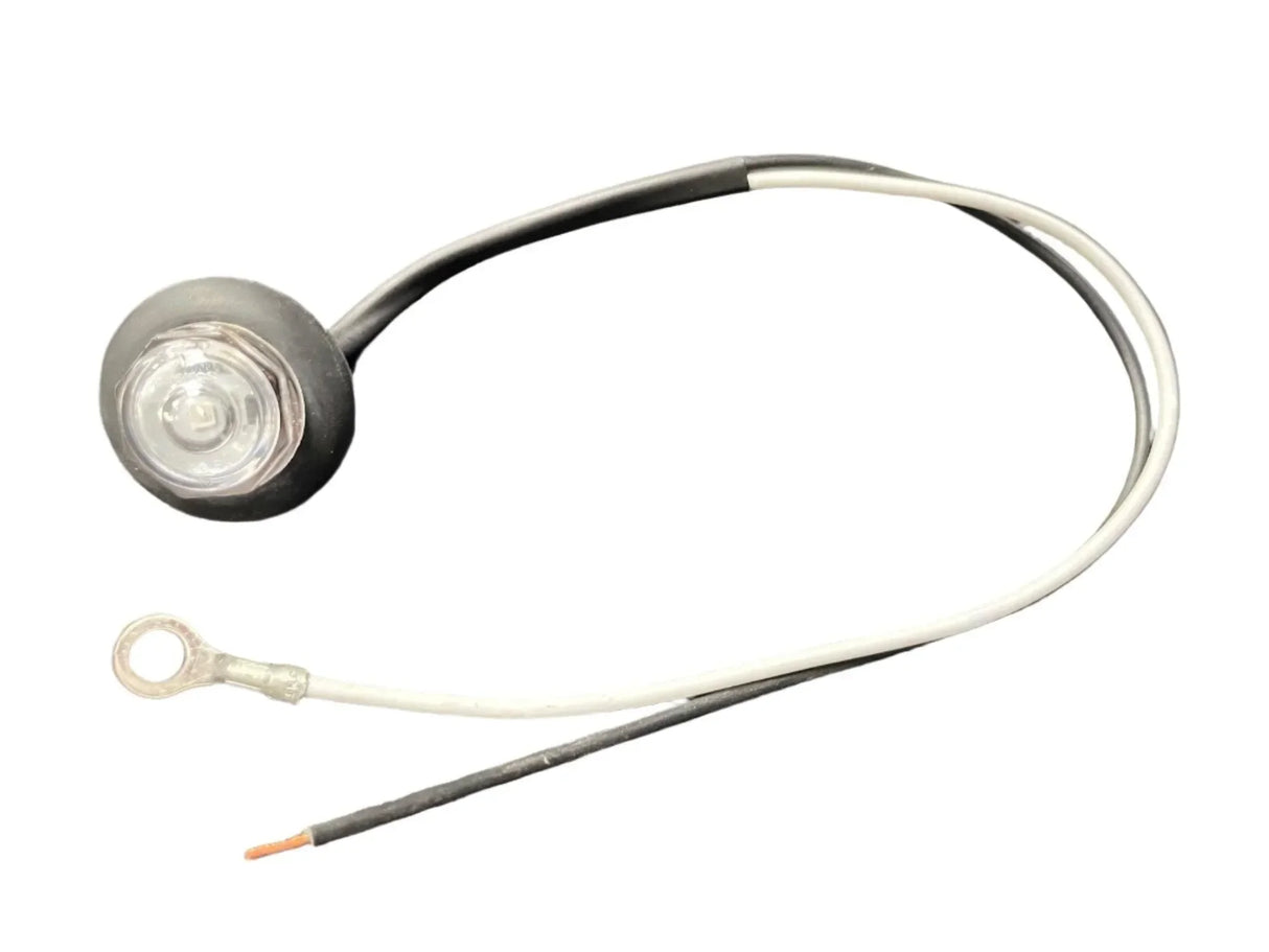 round LED indicator light with black bezel and attached wiring harness