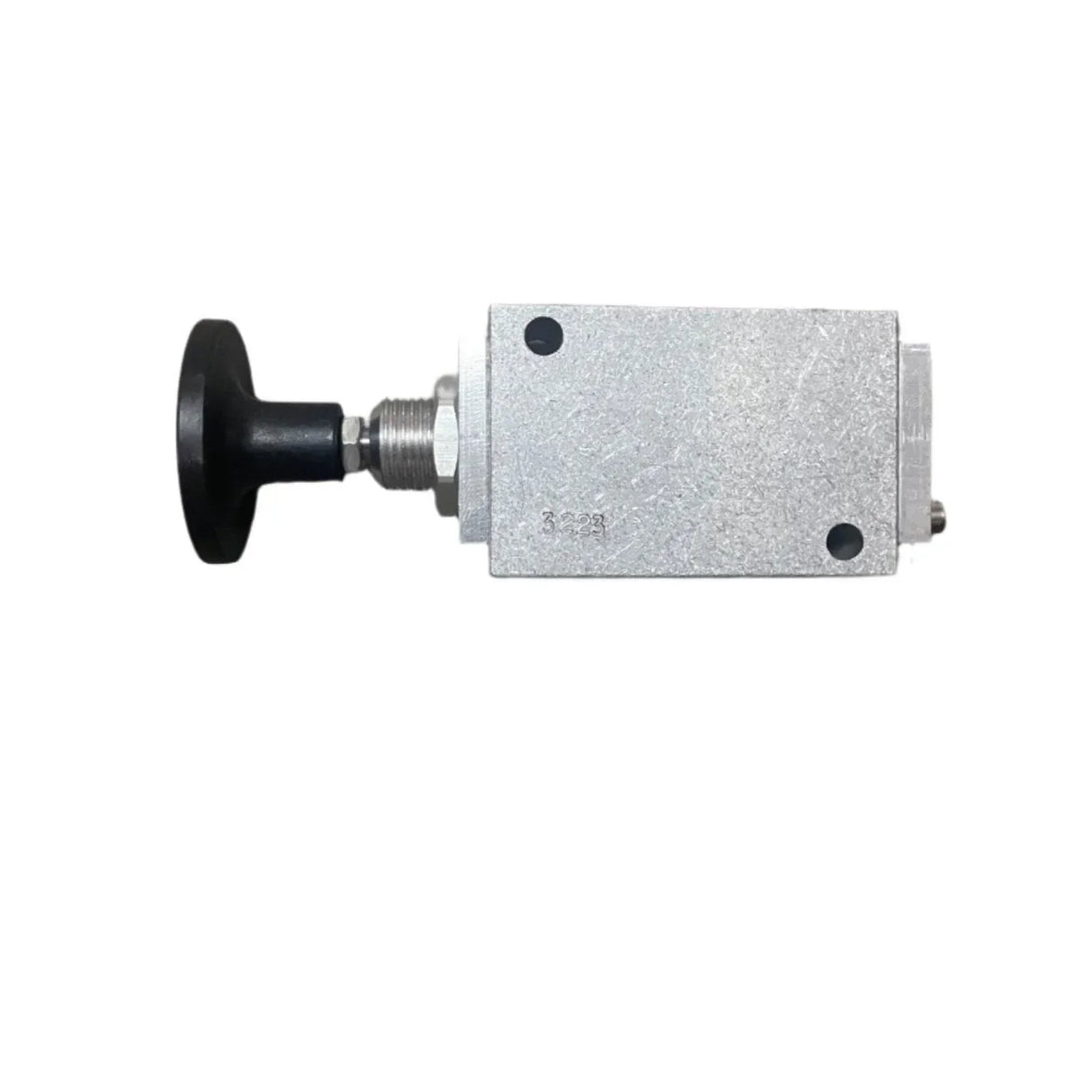Metal hydraulic valve with black knob against white background