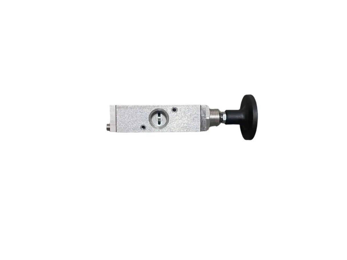 Metal pneumatic valve with black knob, isolated on white background