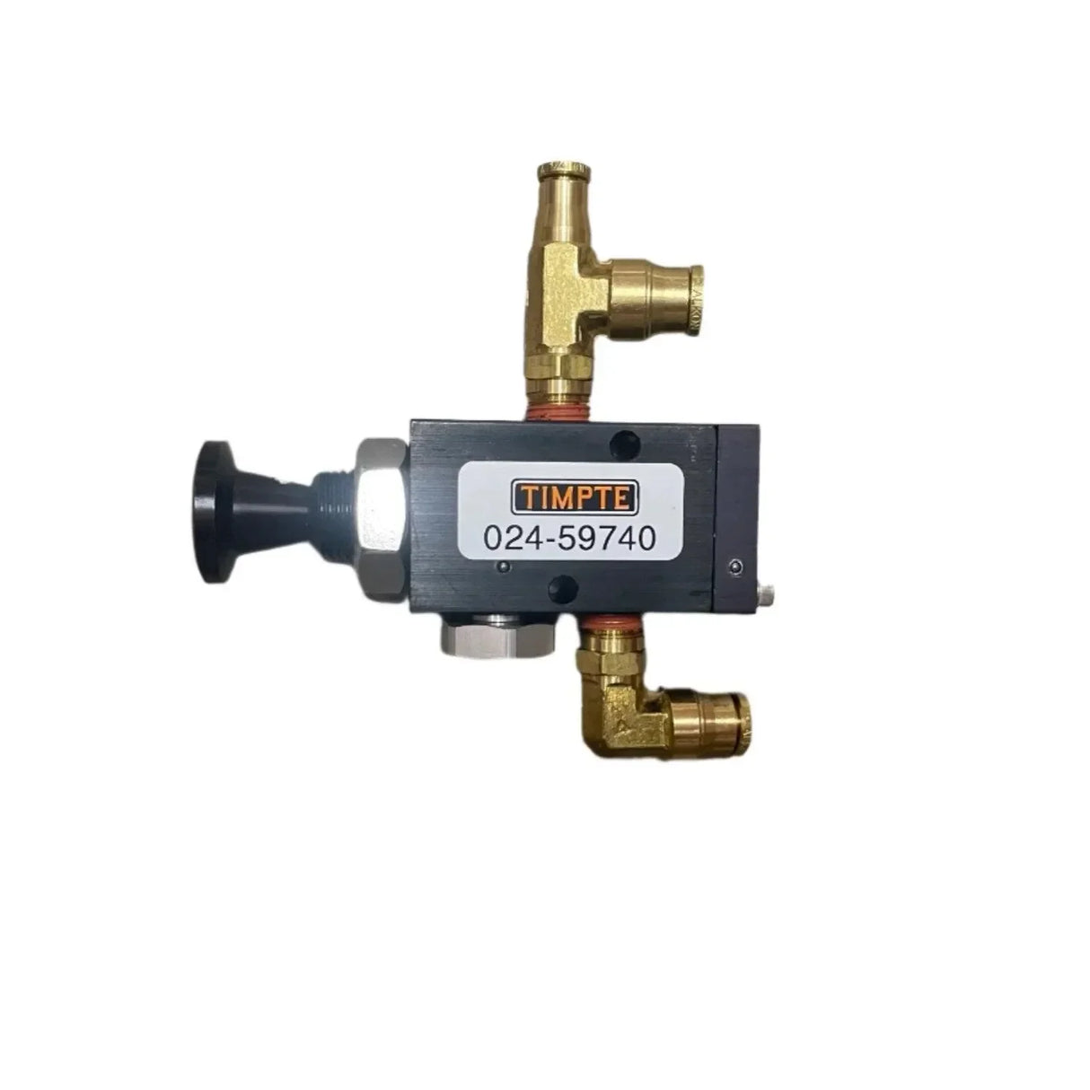Timpte 024-59740 trailer air valve with brass fittings on a white background
