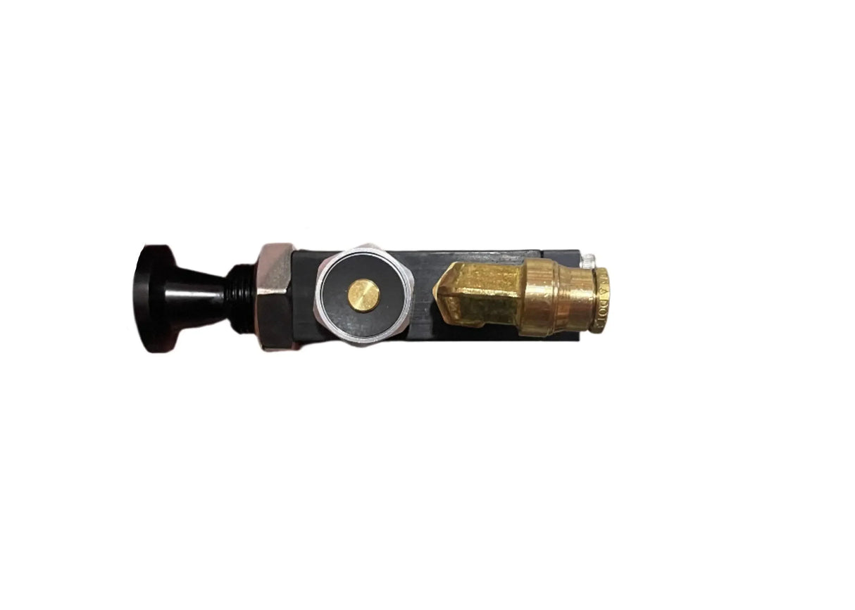 Brass and black pneumatic valve with knob on white background