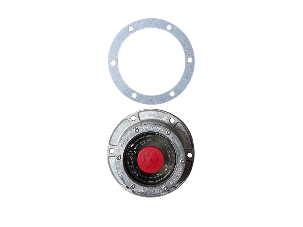 SEVCO metal oil hub cap with gasket, circular flange, and red center on white background
