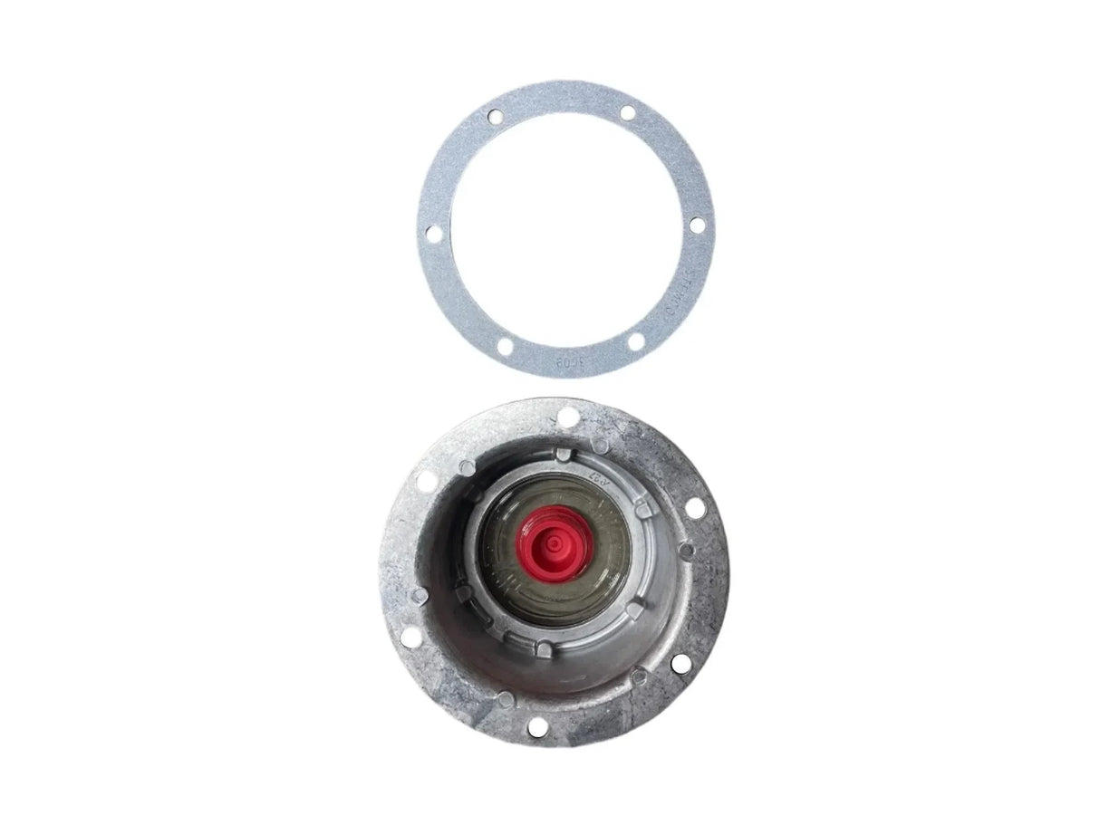 Metal hub and gasket with red center for trailer axle assembly, isolated on white background