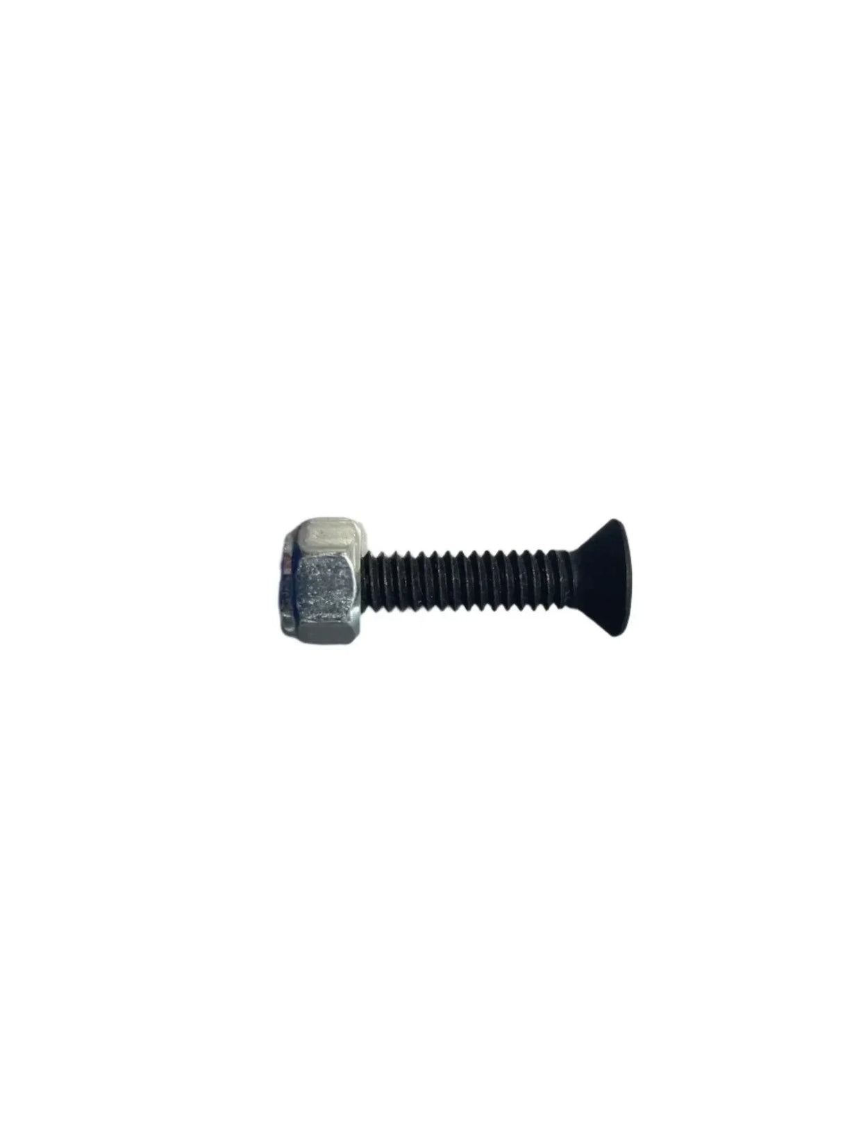 Black flat head screw with silver hex nut on white background