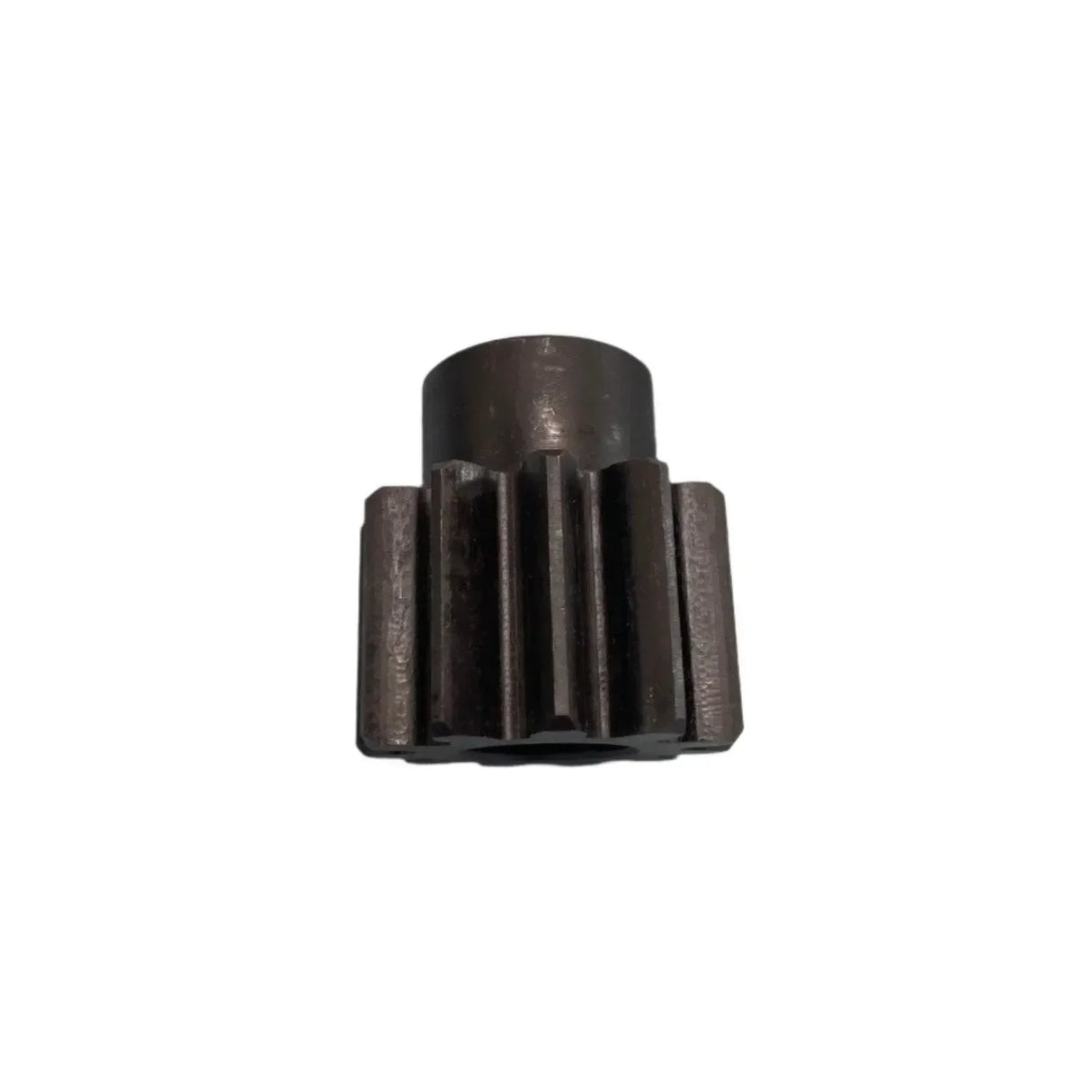 Steel pinion gear with straight teeth on white background