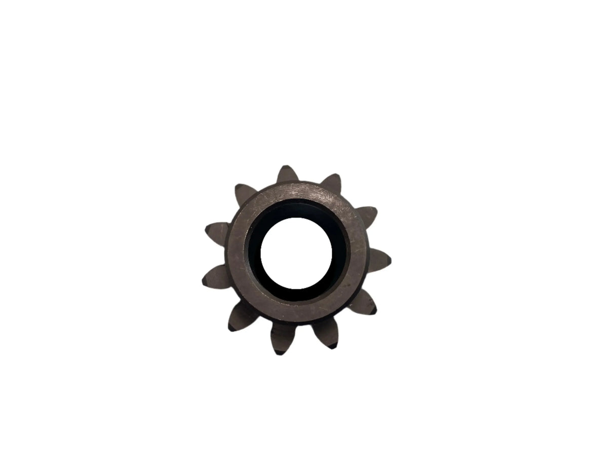 Metal spur gear with ten teeth on white background, industrial machine part