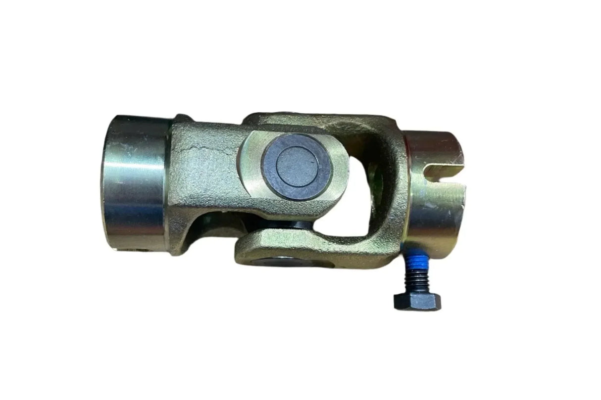 Metal universal joint with bolt, automotive steering shaft component on white background