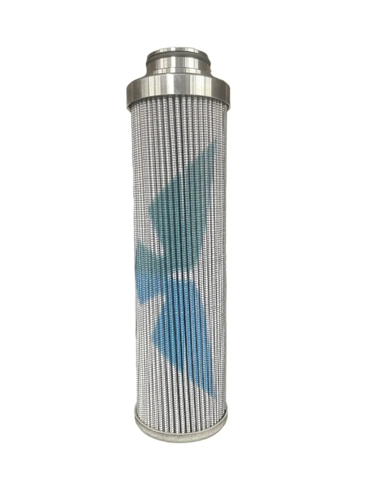 Industrial hydraulic filter with pleated metal mesh and silver caps on white background