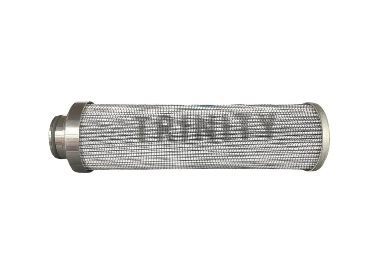 Stainless steel mesh hydraulic filter element with TRINITY branding on white background