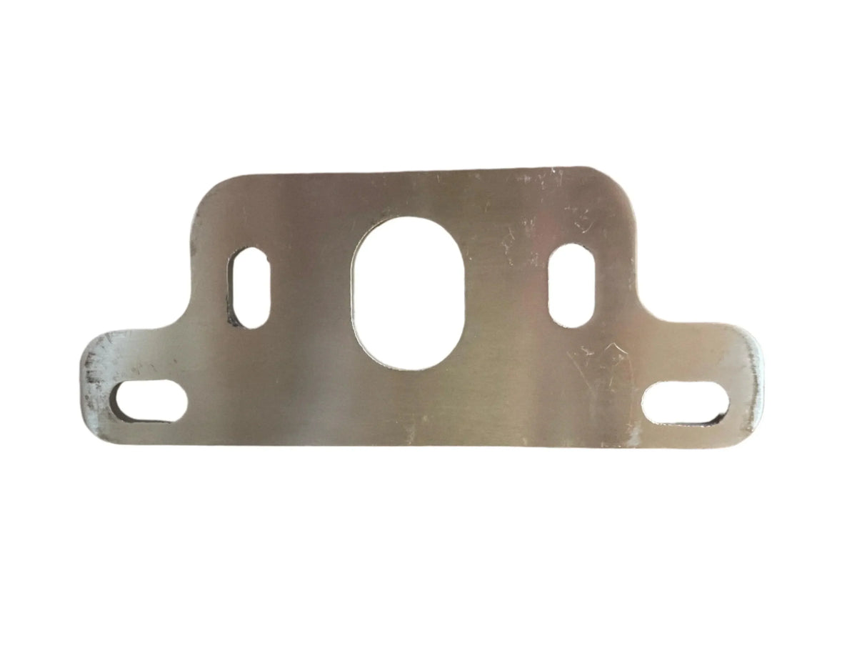 Stainless steel mounting bracket with multiple slots on white background