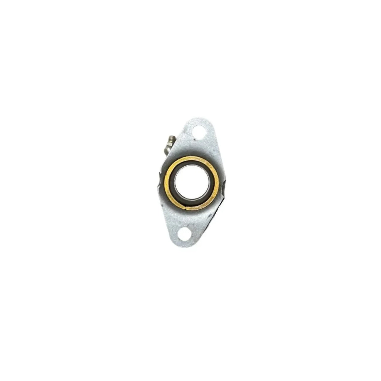 Metal flange bearing with brass bushing on white background, industrial hardware part