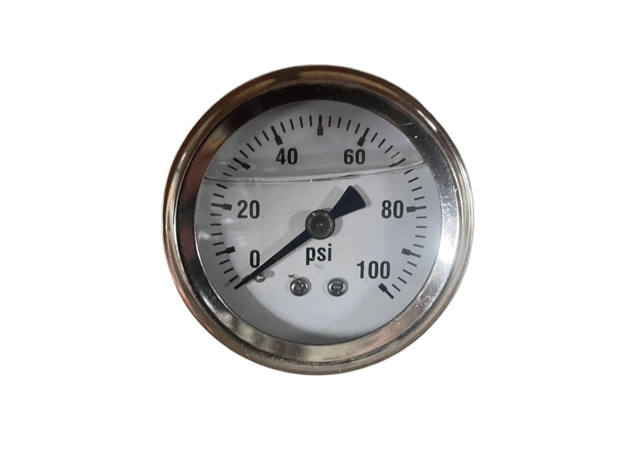 Analog pressure gauge with metal frame showing 20 psi on white background