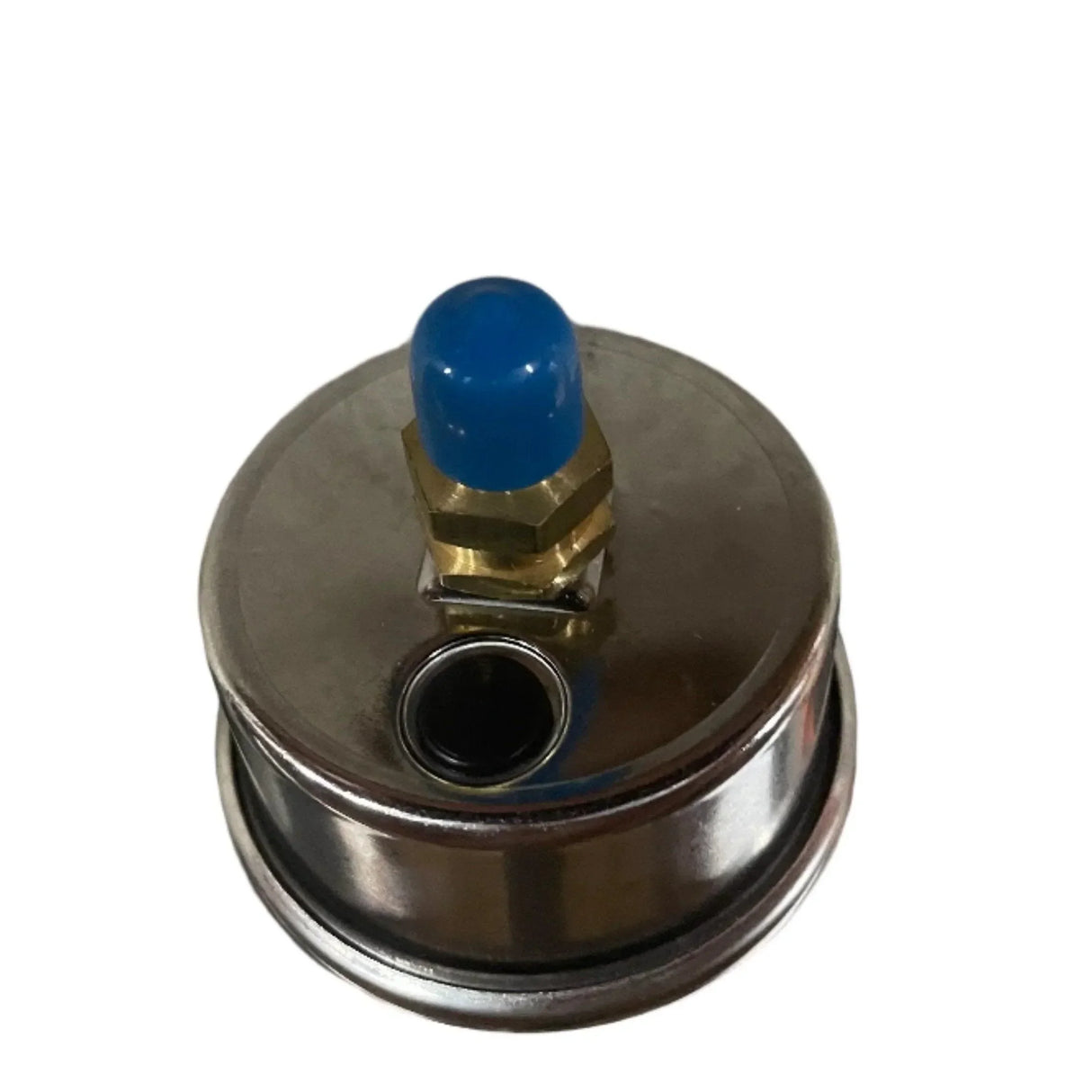 Metal pressure sensor gauge with blue plastic cap and brass fitting on white background