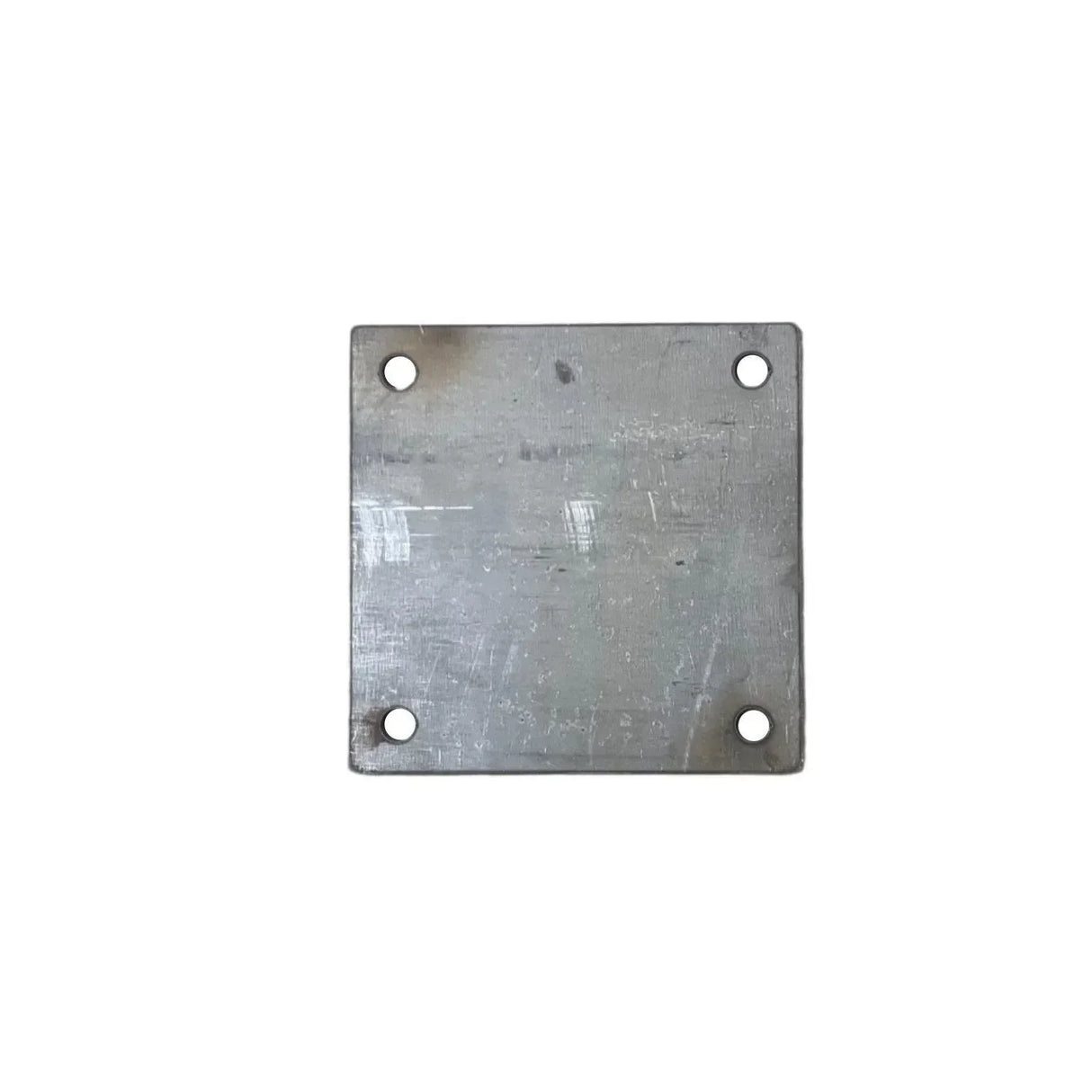 Square metal base plate with four corner holes on white background