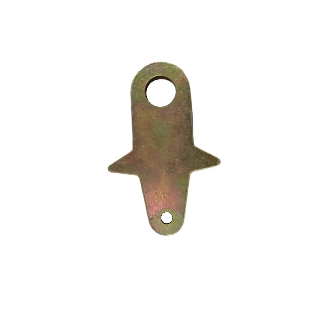 Zinc-plated metal bracket with two holes on a white background