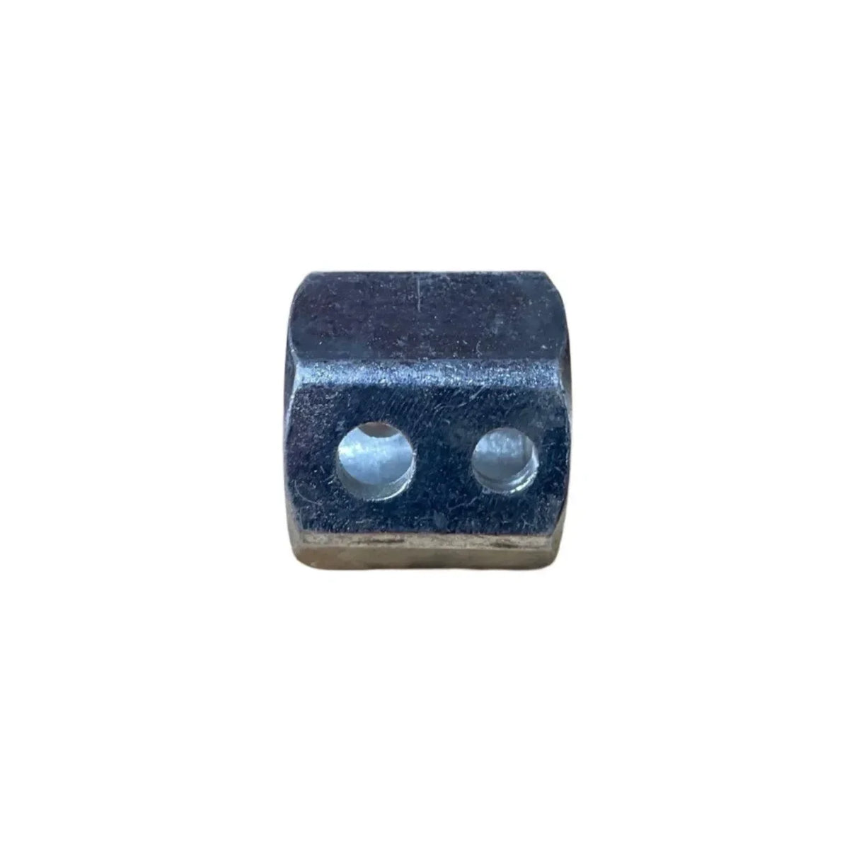 Metal connector block with two holes on a white background