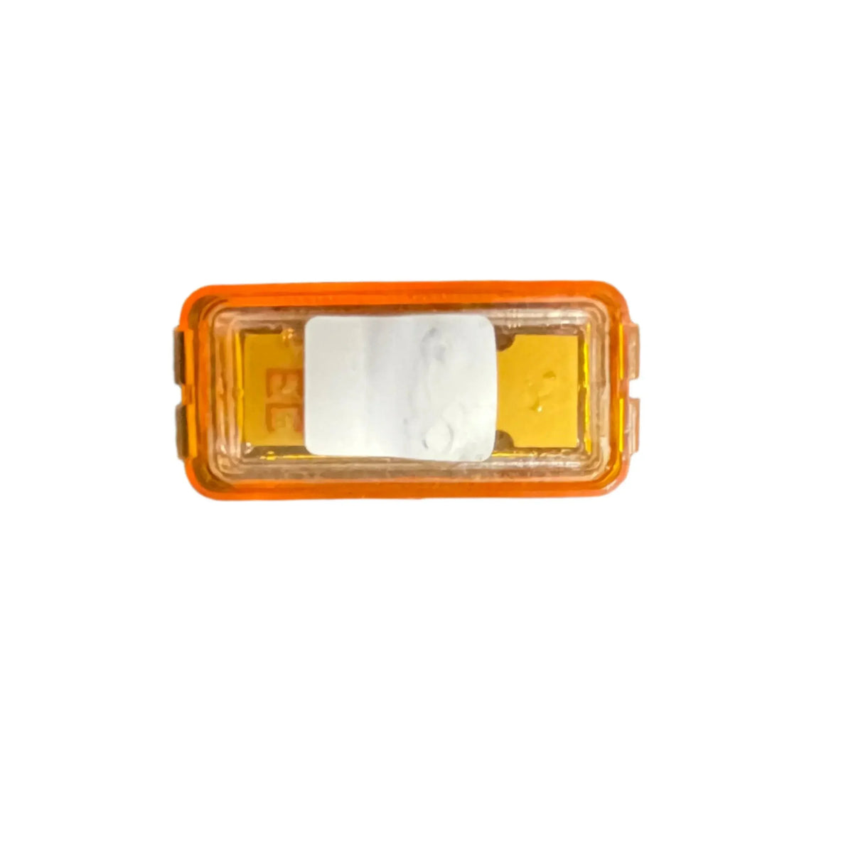 Orange rectangular automotive fuse with transparent casing on white background
