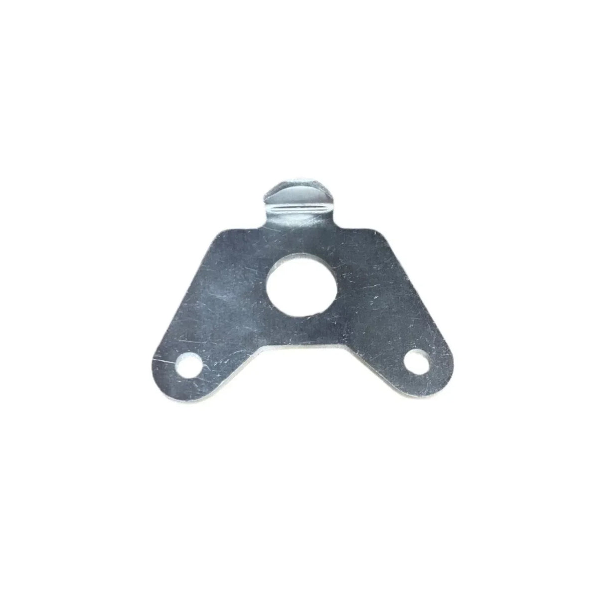 Metal mounting bracket with three holes on white background